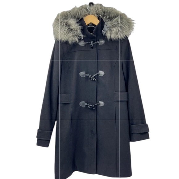 NAUTICA Black WITH GRAY FUR WOOL PARKA TOGGLE TUSK BUTTON PENNY LANE COAT M - Picture 10 of 10